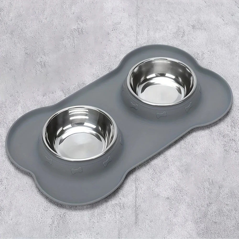 2-in-1 Dog Feeding & Watering Station, Thermoplastic Rubber Pet Bowl Mat with Stainless Steel Dual Bowls, Anti-Spill Pet Feeder, Includes Bowl Holder, Ideal for All Dog Breeds